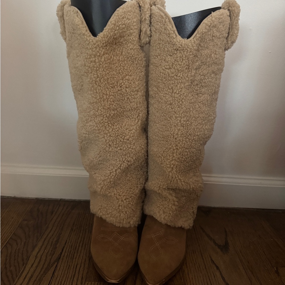 Steve Madden Lassy Sherpa Cowboy Boots in Tan
